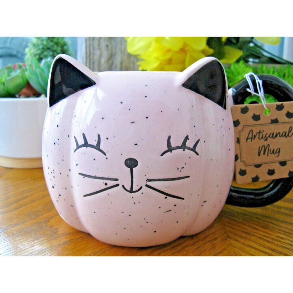 New Eccolo XL Pink & Black Freckled Cat Ceramic Coffee Tea Mug Cup